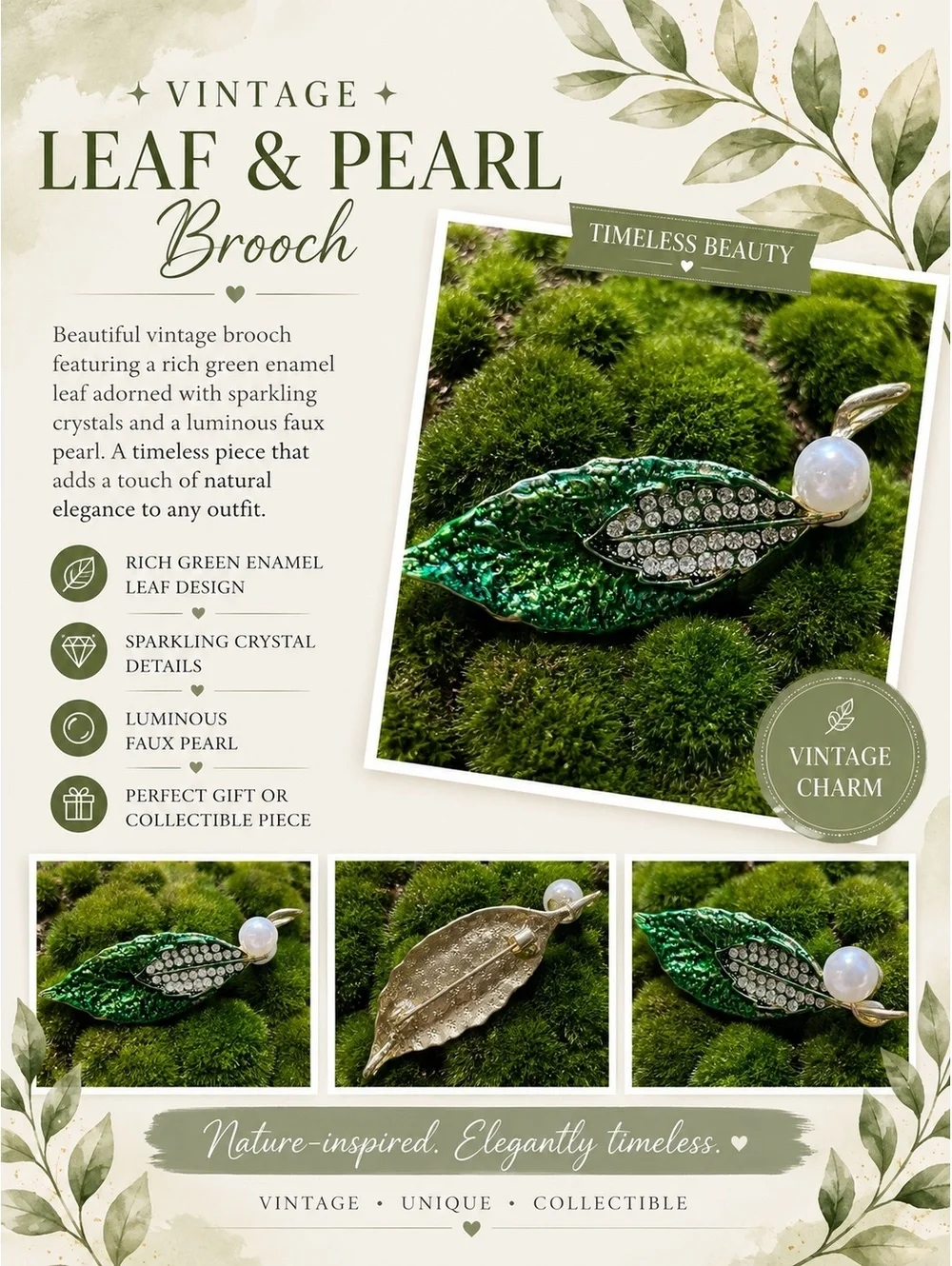 Vintage Leaf & Pearl Brooch with Green Enamel and Sparkling Crystals